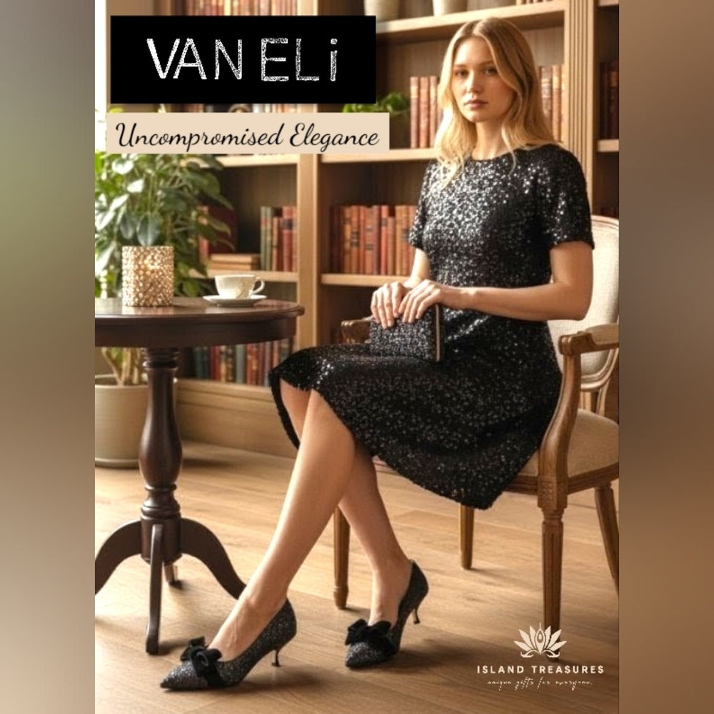 New Vaneli "Edsin" Women's Size 9M Elegant Glitter Black Bow Flats Pointed Toe
